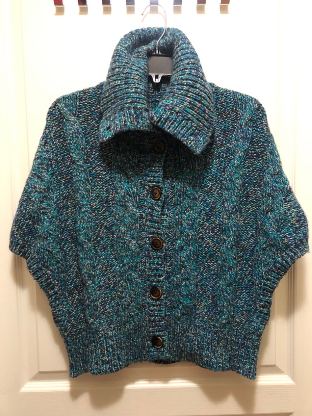American Eagle XS poncho style sweater women’s vest teal blue white button front